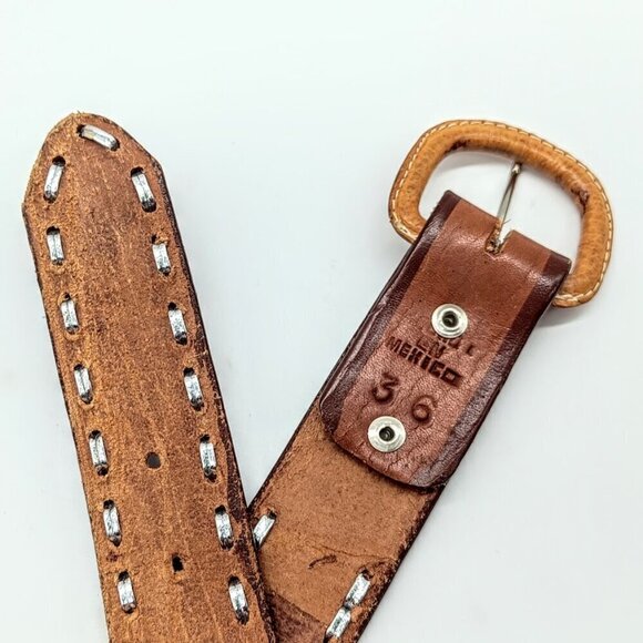 Mexican Silver Brown Hand-Tooled Painted Leather Belt - 36 - Picture 4 of 7